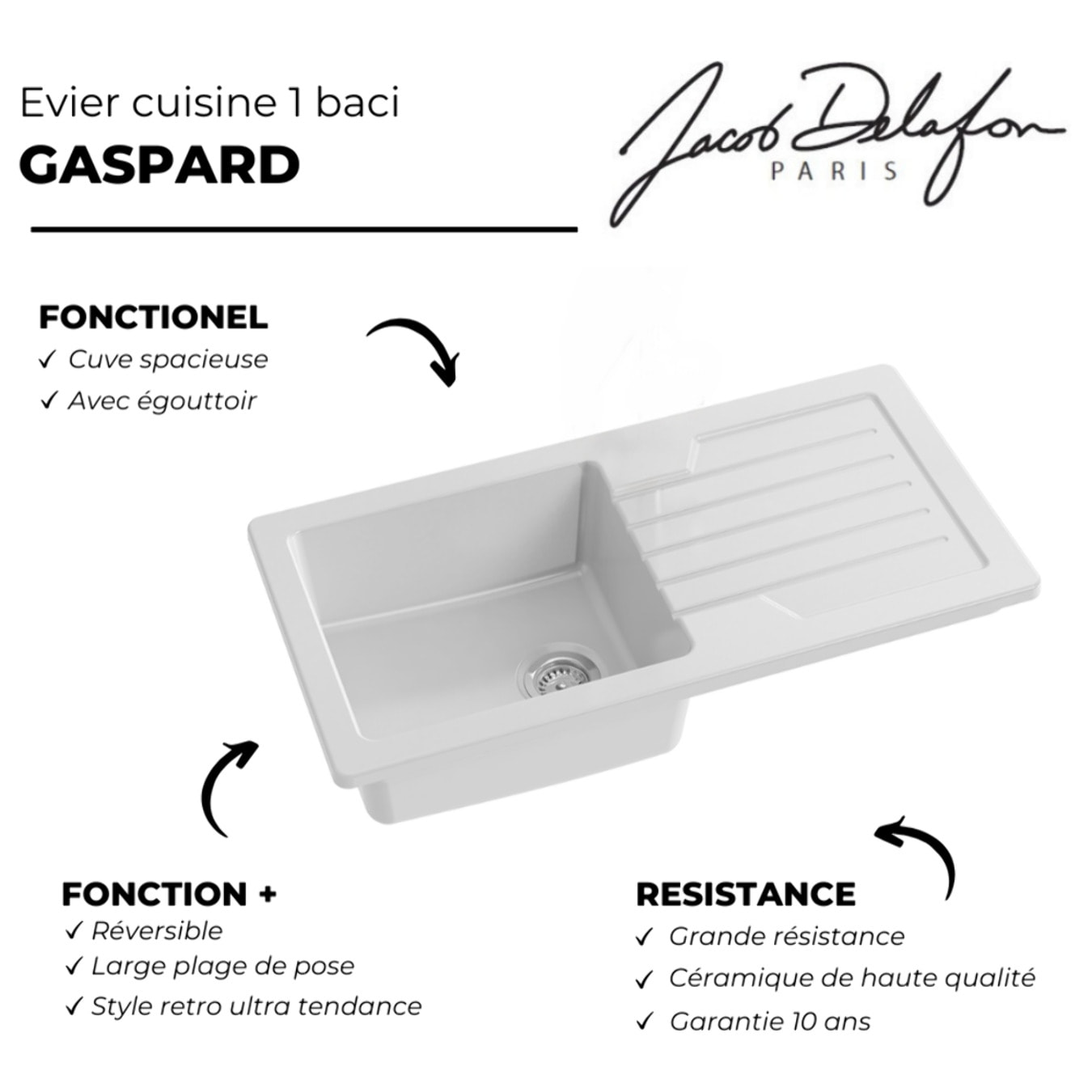 Evier à encastrer 1 bac Gaspard + robinet cuisine Kumin