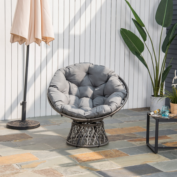 Sillón Papasan Giratorio de Ratán Sintético Silla Ovalada de Mimbre PE con Cojín y Marco de Acero Carga 160 kg para Jardín Patio Terraza 87x97x86 cm Gris