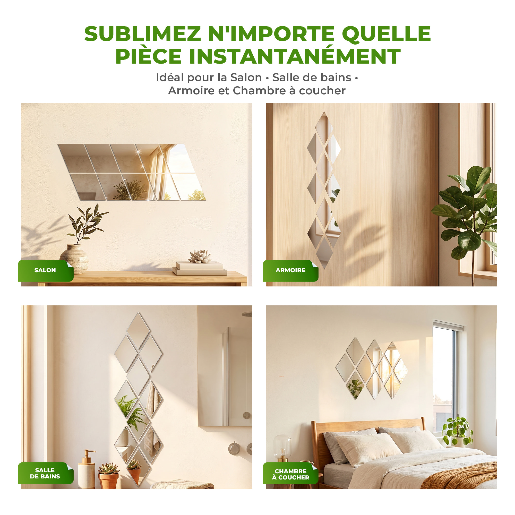 10 stickers miroirs losanges argentés