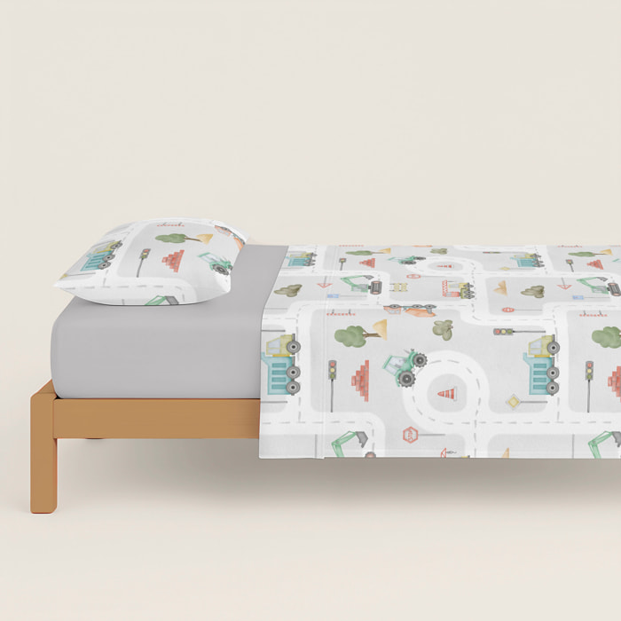 Cool Kids - Juego de Sábanas Estampadas - Infantil - Incluye 1 Funda de Almohada + 1 Sábana Bajera - 100% Algodón - Road