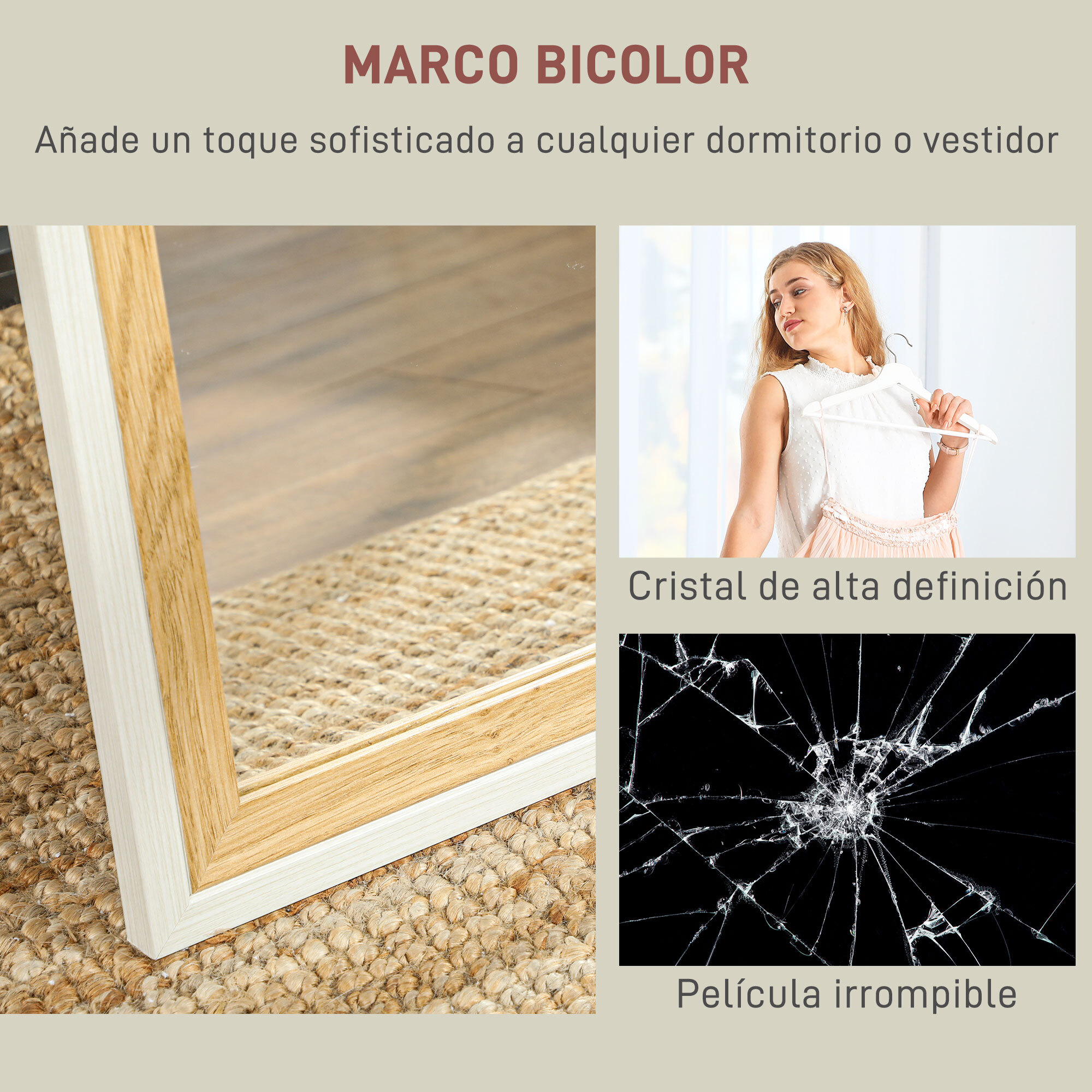 Espejo de Cuerpo Entero 157x37 cm Espejo de Pie o de Pared con Marco de MDF y Soporte para Dormitorio Salón Blanco y Natural Oscuro