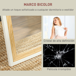 Espejo de Cuerpo Entero 157x37 cm Espejo de Pie o de Pared con Marco de MDF y Soporte para Dormitorio Salón Blanco y Natural Oscuro