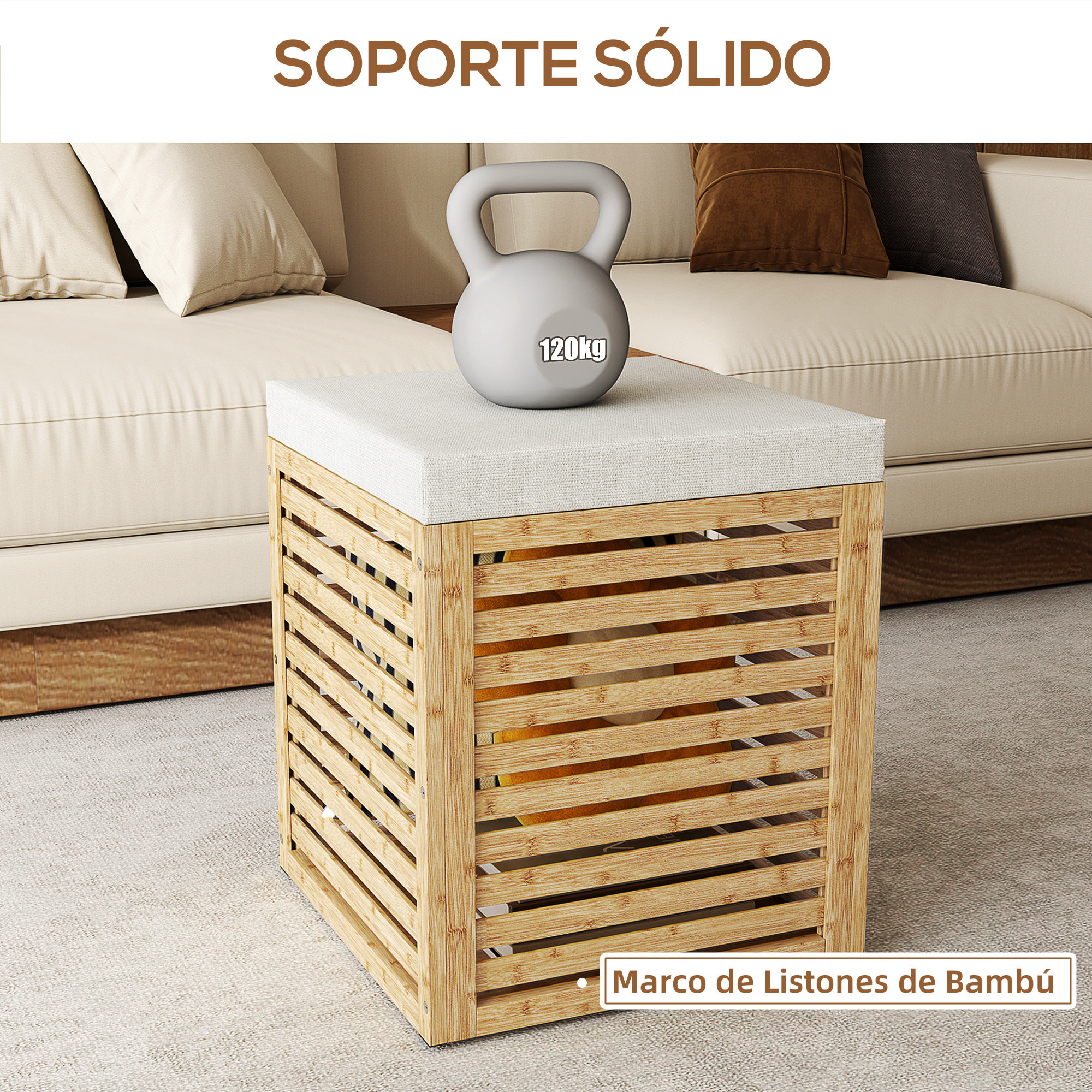 Baúl de Almacenaje para Dormitorio 54,7L Taburete de Almacenaje Tapizado en Lino Sintético con Cojín Marco de Bambú para Entrada Salón 40x40x47 cm Gris y Natural