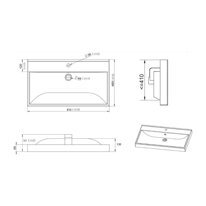 Stilla 81x46x6,5 cm lavabo en céramique pour meubles, avec trop-plein, blanc (VERSO80)