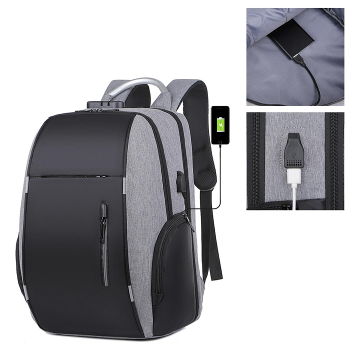 DAM Mochila porta Laptop 15,6''. Capa impermeable alta resistencia, adaptable a Trolley. Bloqueo de cremalleras. Toma USB externa. 30x17x46 Cm. Color: Gris