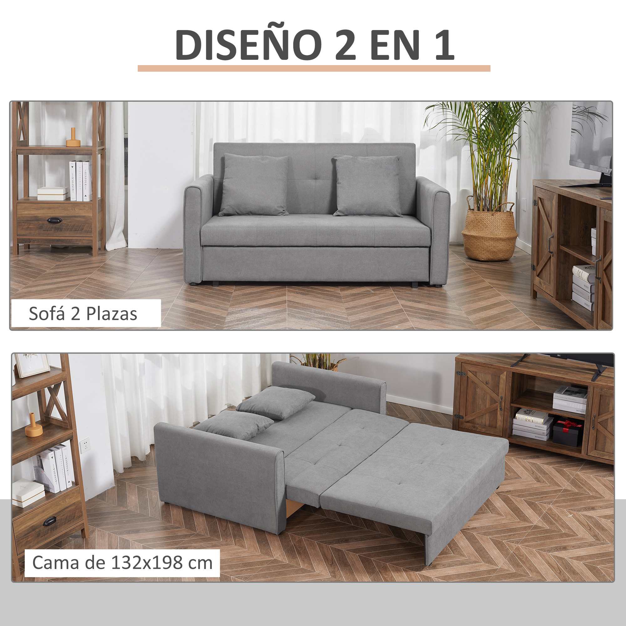 Sofá Cama de 2 Plazas con 2 Cojines Desmontables Reposabrazos Base de Almacenaje