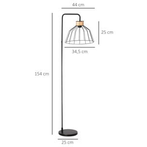 Lampadaire design industriel grillagé et arqué 40 W max. métal noir rotin