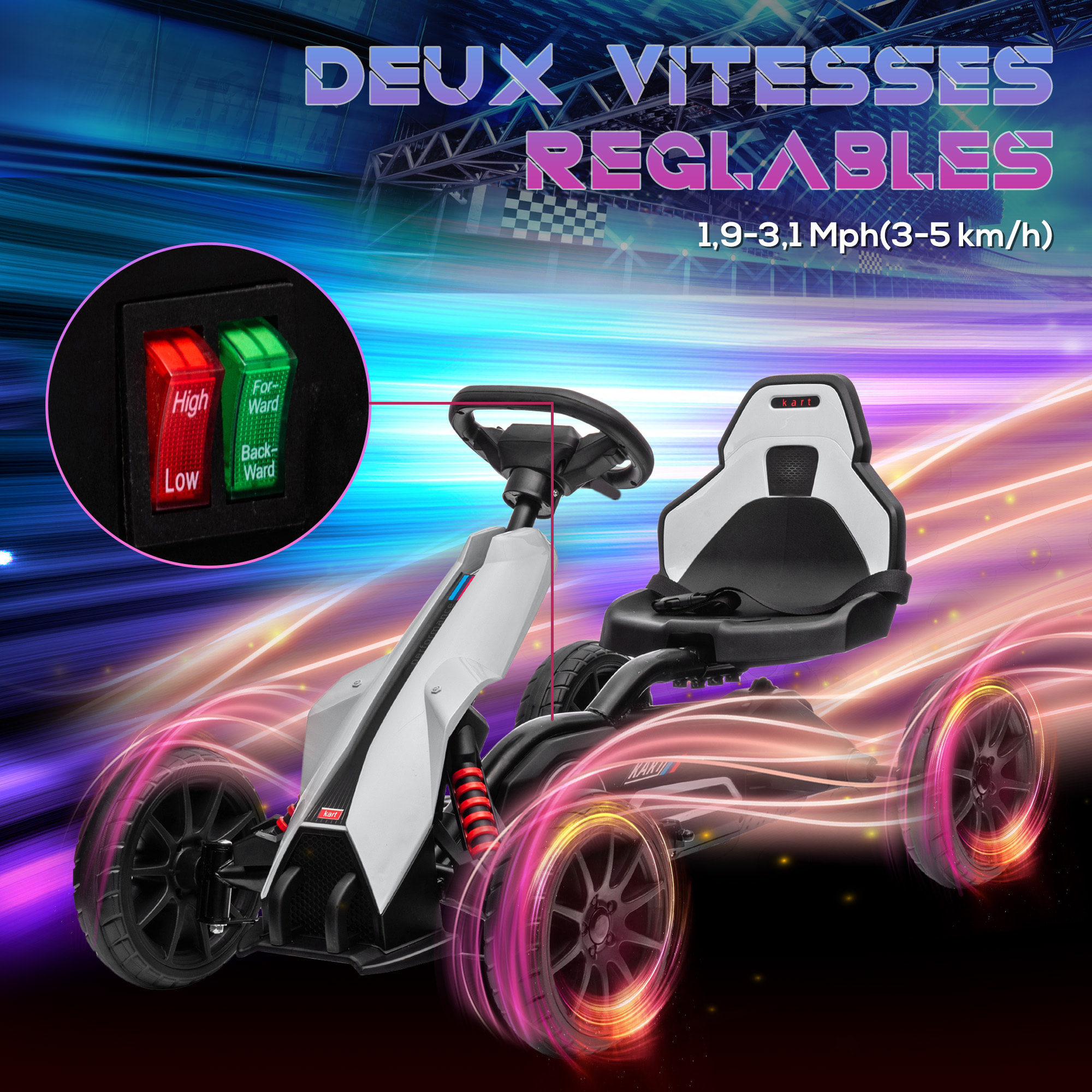 Kart électrique pour enfant 3+ Go kart 12V - 2 vitesses max. 5 Km/h - autonomie max. 50 min. - ceinture - blanc