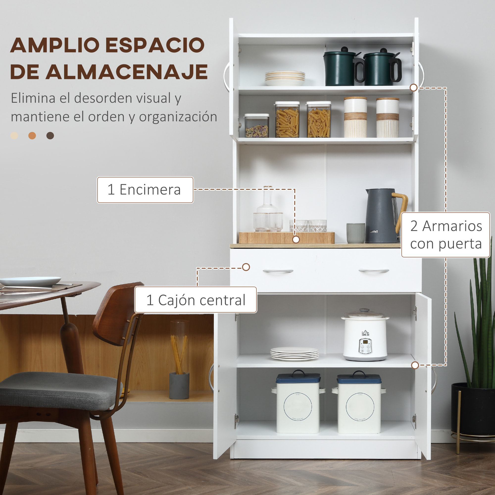 Armario Alacena de Cocina con Cajón 4 Puertas y Estantes Interiores Ajustables Mueble Auxiliar de Almacenaje Moderno para Comedor Salón 80x40x180 cm Blanco