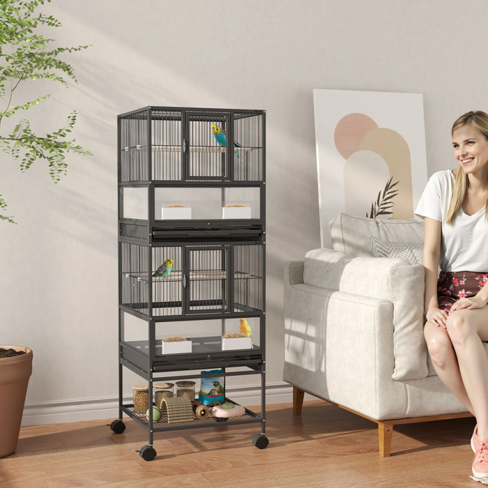 Jaula para Pájaros Jaula Grande de 2 Niveles con Ruedas Paneles Acrílicos Comederos Perchas Estante Bandejas Extraíbles Pajarera para Loros Canarios 48x46x134,5 cm Negro