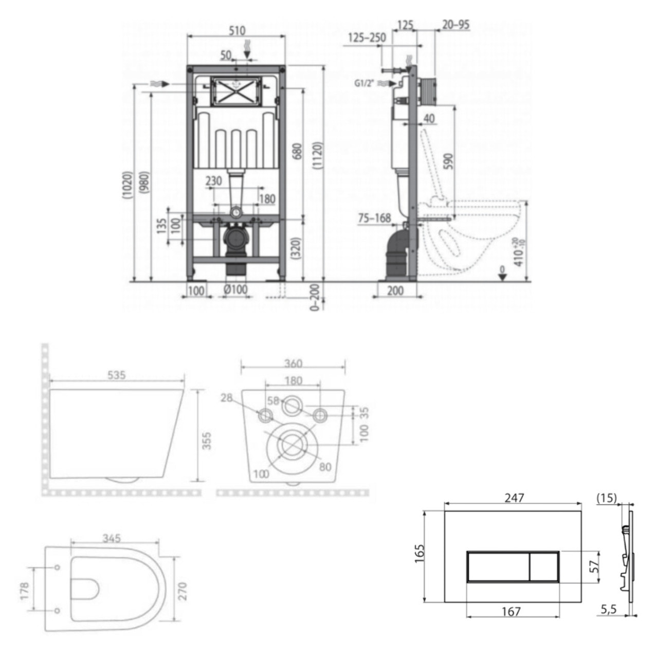 Pack WC bâti-support autoportant SAT + WC suspendu sans bride Ceramia + abattant SoftClose + plaque blanche (SMART-CETOR-4)
