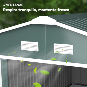 Caseta de Jardín Exterior, 12,4 m² 340x386x200 cm, Cobertizo de Jardín Exterior Metálico con Puerta Corredera, Base Refuerzo (Suelo NO Incluido) y Ventanas Verde