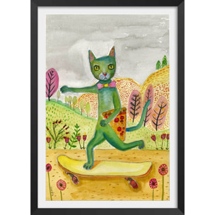 Affiche enfant pizza cat  Affiche sous cadre noir