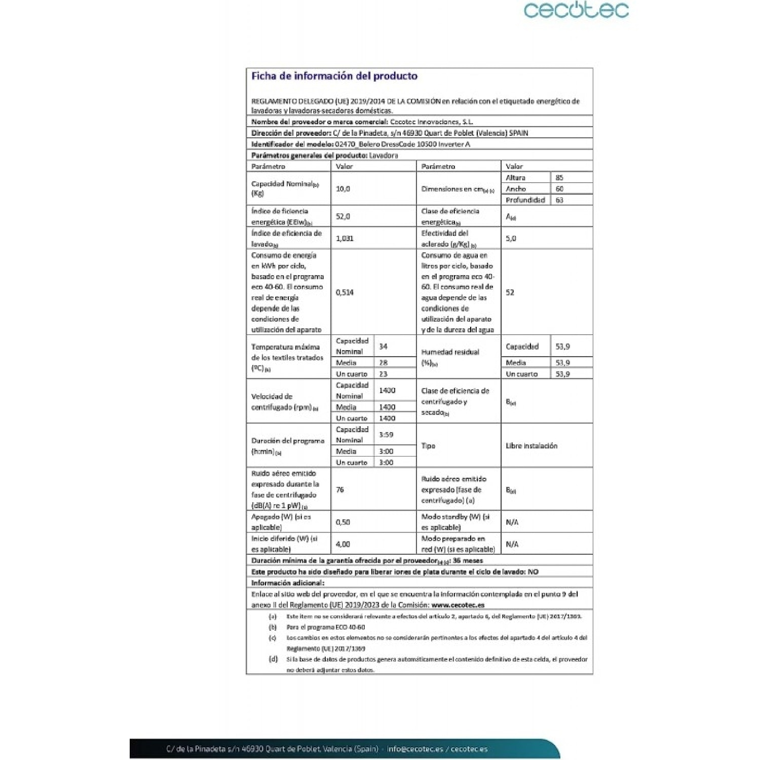 Cecotec Lavadora 10Kg de Carga Frontal Bolero Dresscode 10500 Inverter A 1950W 1