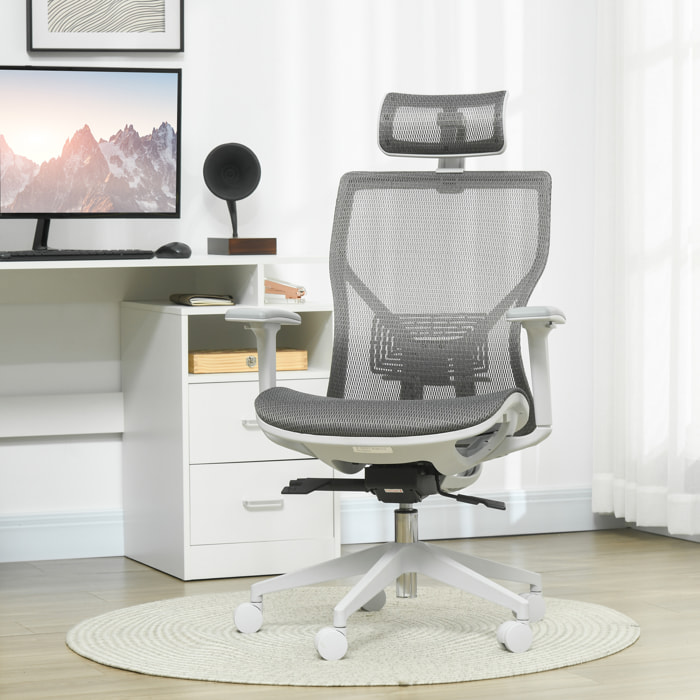 Silla de Oficina Giratoria Silla de Escritorio Ajustable en Altura con Reposabrazos Reposacabezas y Soporte Lumbar Regulables Respaldo Alto 67x65x120-128 cm Gris