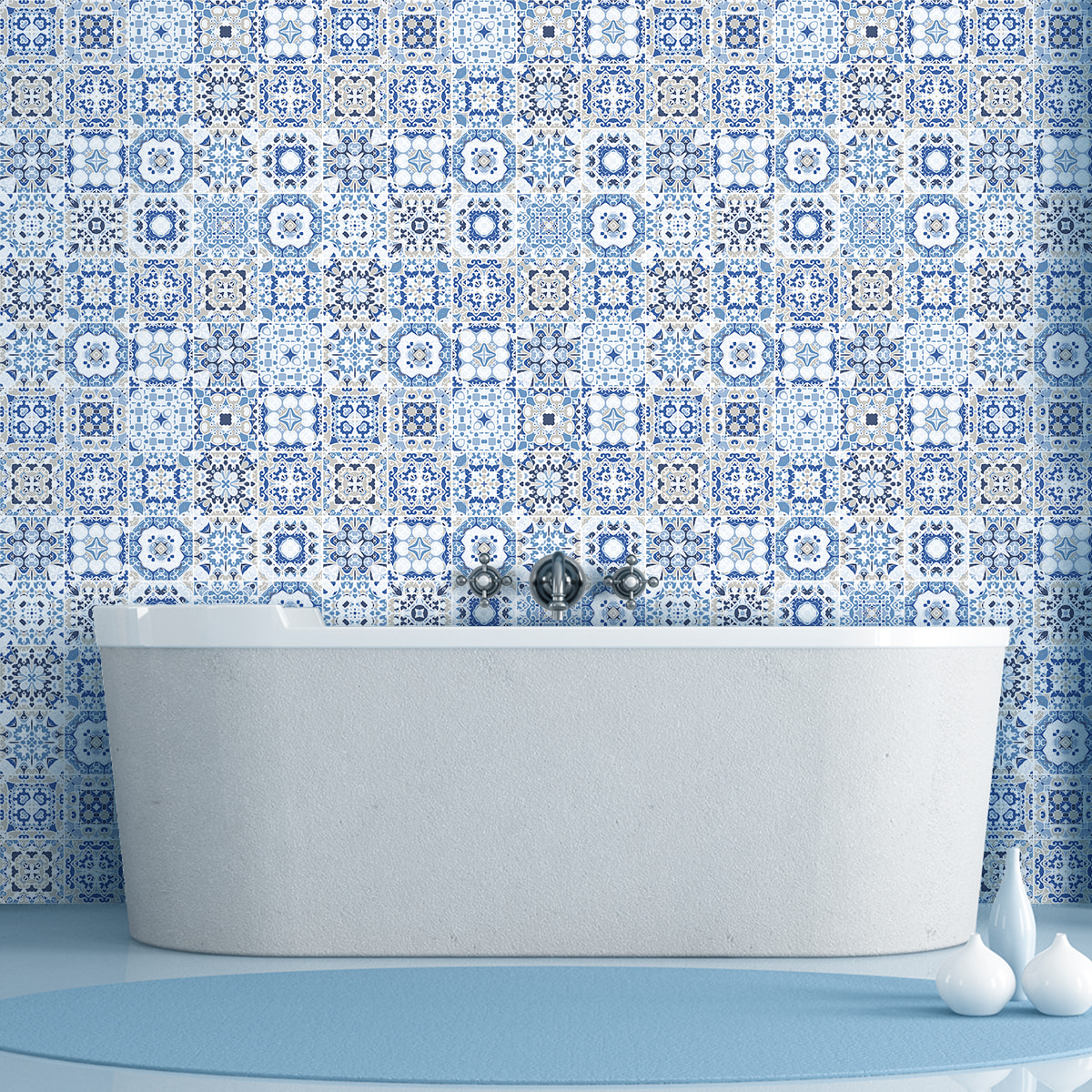 Stickers muraux - Sticker Mural Carrelage adhésif Cuisine Salle de Bain - 60 STICKERS CARREAUX DE CIMENT AZULEJOS DENZELIA