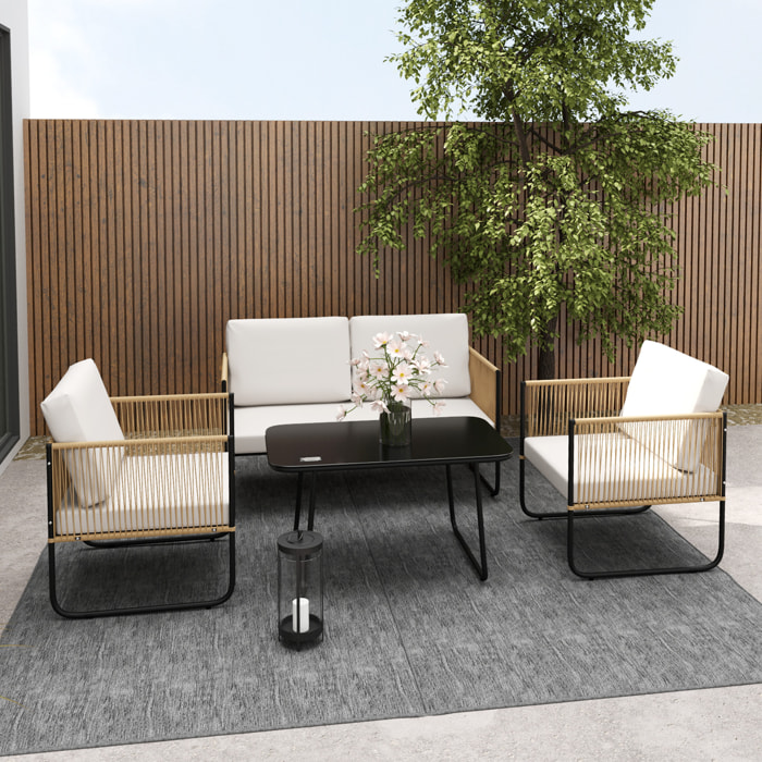 Salon de jardin 4 personnes 4 pièces style colonial acier noir résine filaire naturel