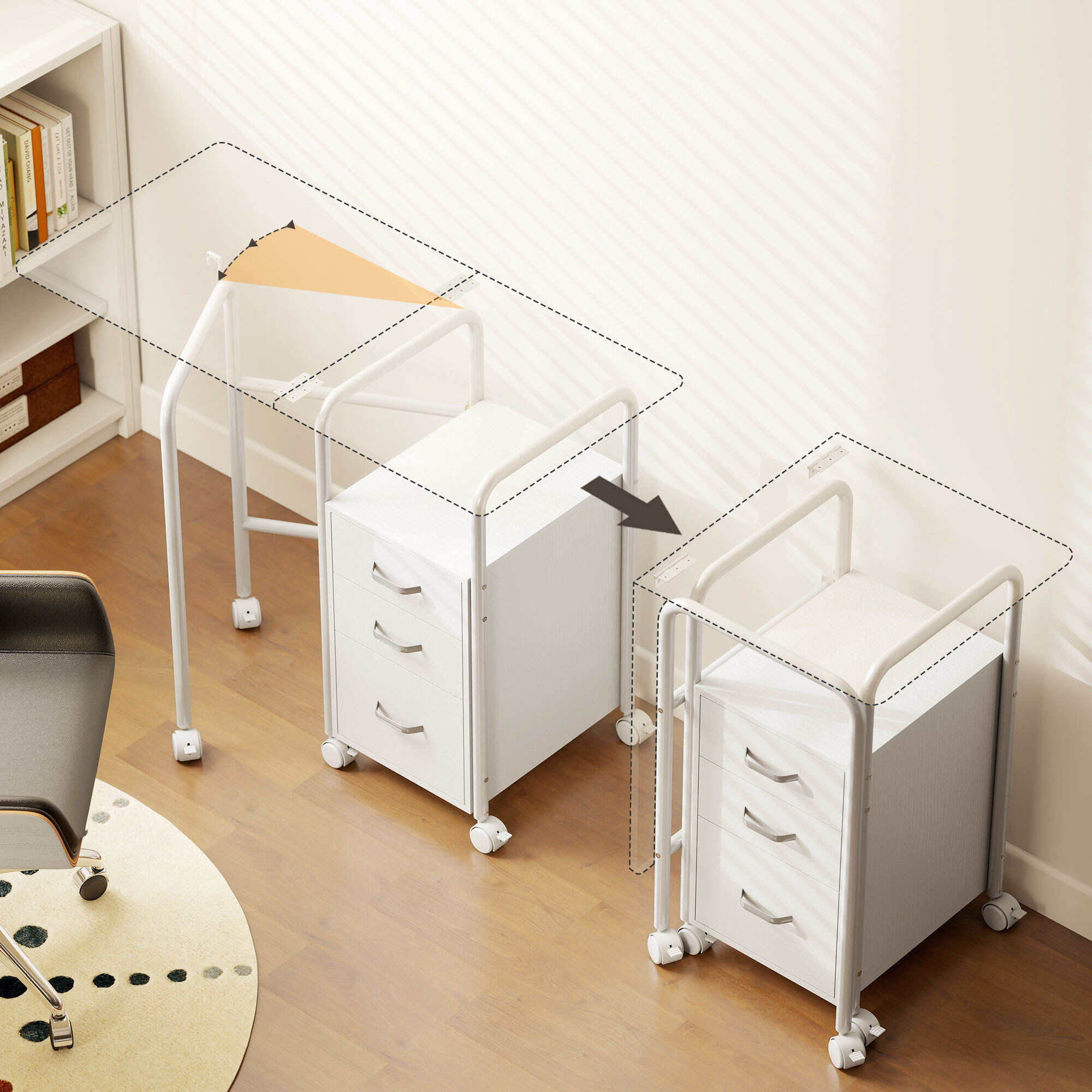 Bureau pliable sur roulettes avec rangement 3 tiroirs dim. totales 105x51x75,5cm métal effet bois blanc