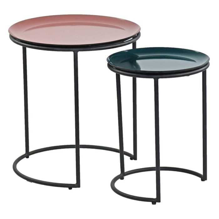 Set tavolino da caffè tondo rosa e verdone in metallo 40x45 / 30x40 cm