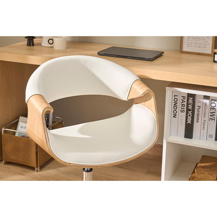 Chaise de bureau à roulettes design blanc, bois clair et acier chromé ARAMIS