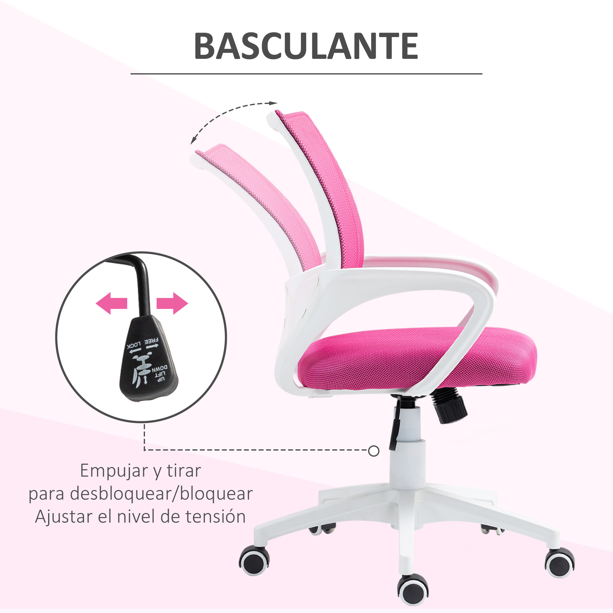 Silla de Oficina de Malla Silla de Escritorio Giratoria con Altura Ajustable Función de Basculante Soporte Lumbar y Reposabrazos Silla para Estudio Carga 120 kg Rosa