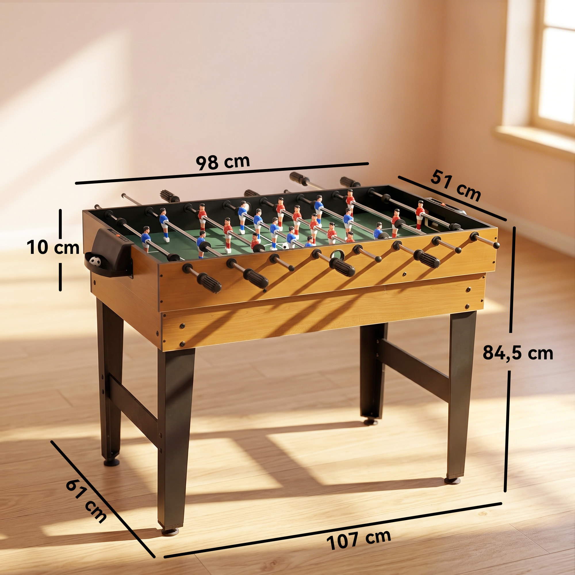 Mesa Multijuegos 4 en 1, Mesa de Juegos con Futbolines, Billar, Hockey, Ping Pong y Accesorios, Fácil Montaje, Compacta, Diversión Familiar para Adultos y Niños, 107x61x84,5 cm, Natural y Negro