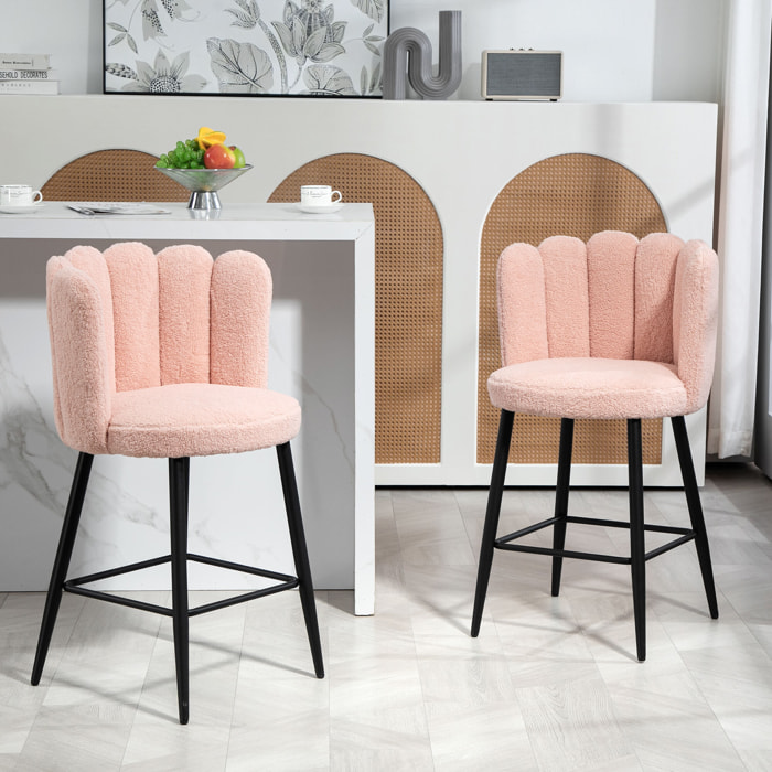Lot de 2 tabourets de bar design contemporain - repose-pied - acier noir revêtement effet laine bouclée rose poudré