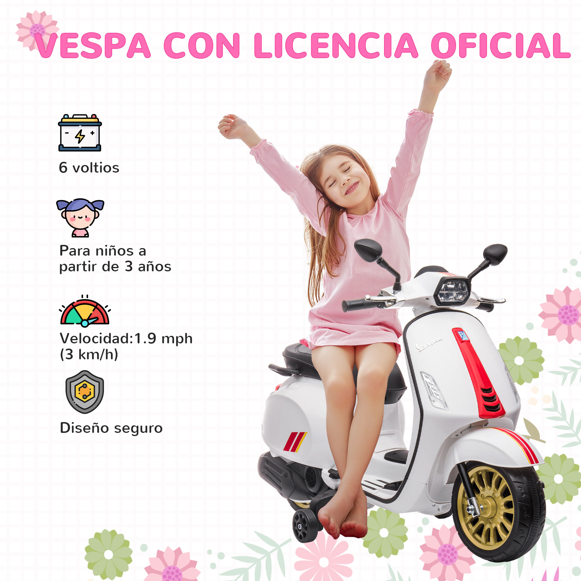 Moto Eléctrica para Niños de +3 Años con Licencia Vespa Moto de Batería para Niños 6V con USB MP3 Luz LED Radio FM Velocidad 3 km/h Carga 35 kg Blanco
