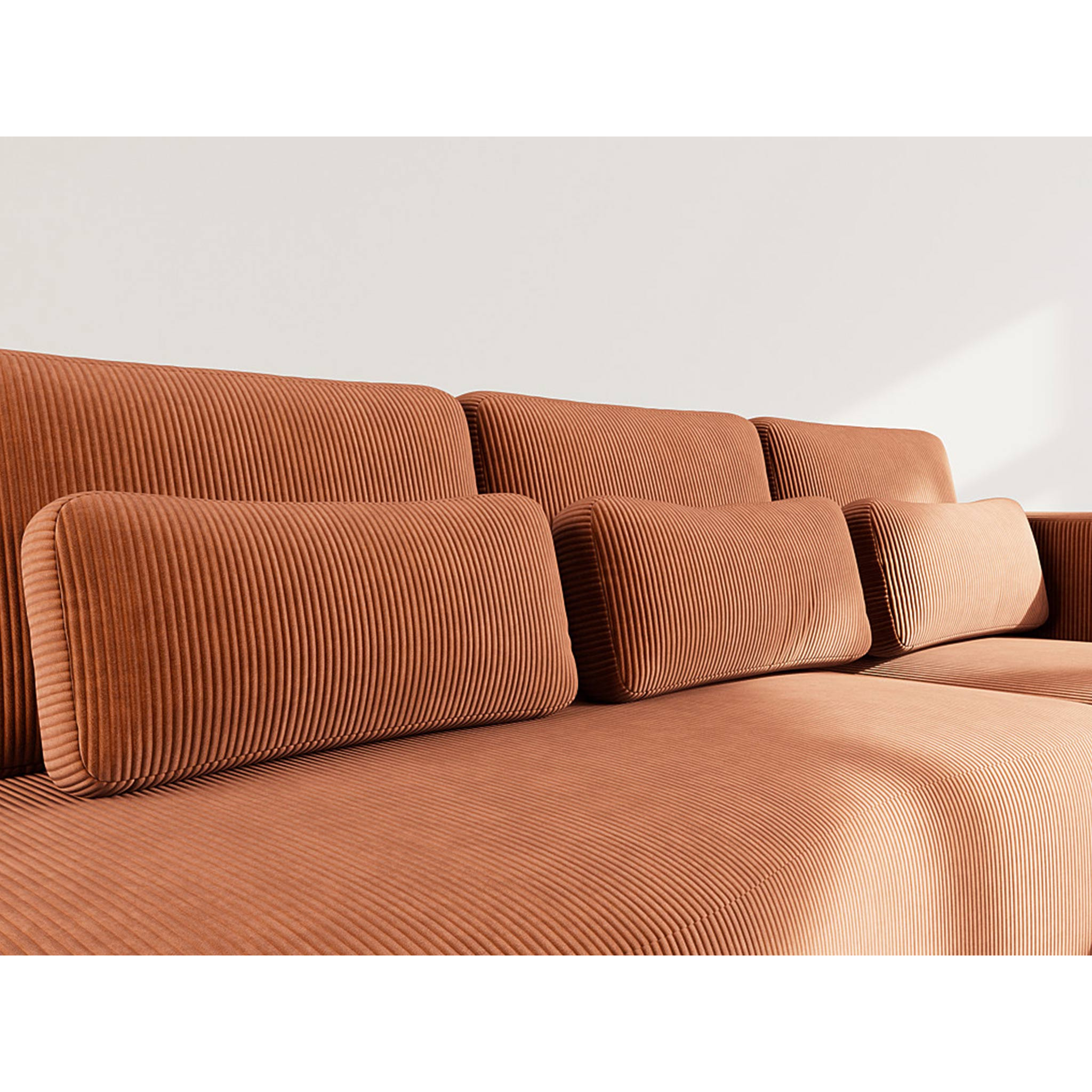 Mahina - canapé d'angle droit 4 places convertible avec coffre en velours côtelé - Terracotta