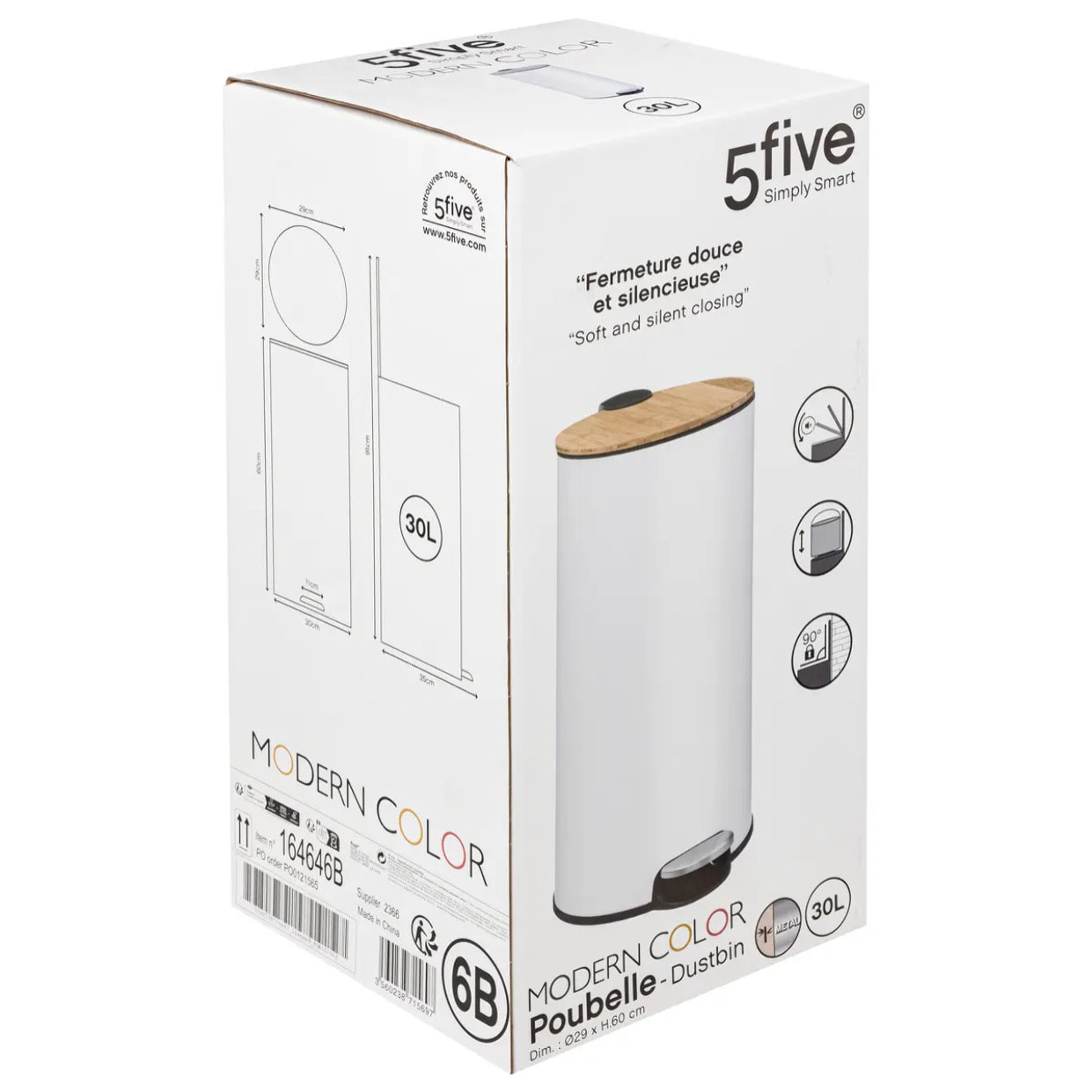 Poubelle couvercle bambou 30L "Modern Color" blanc