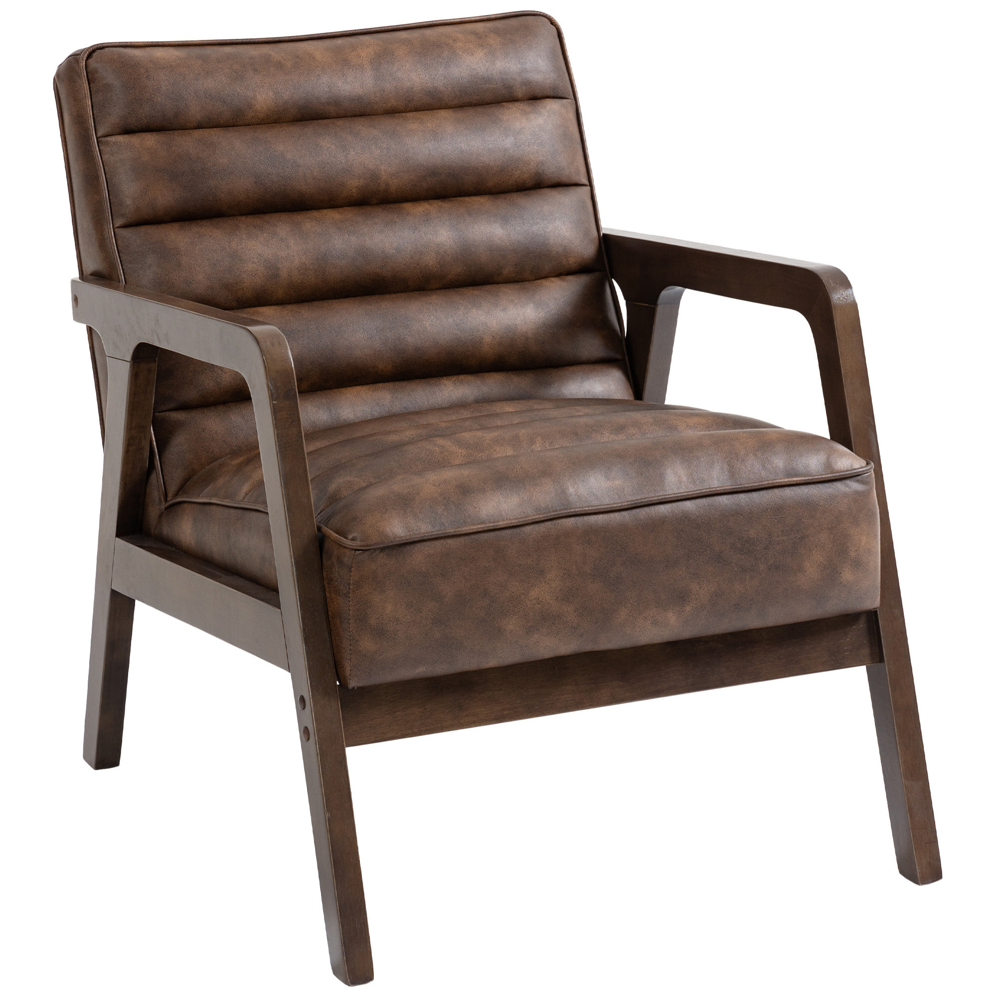 Fauteuil lounge style Chesterfield matelassé bois synthétique effet vieilli marron