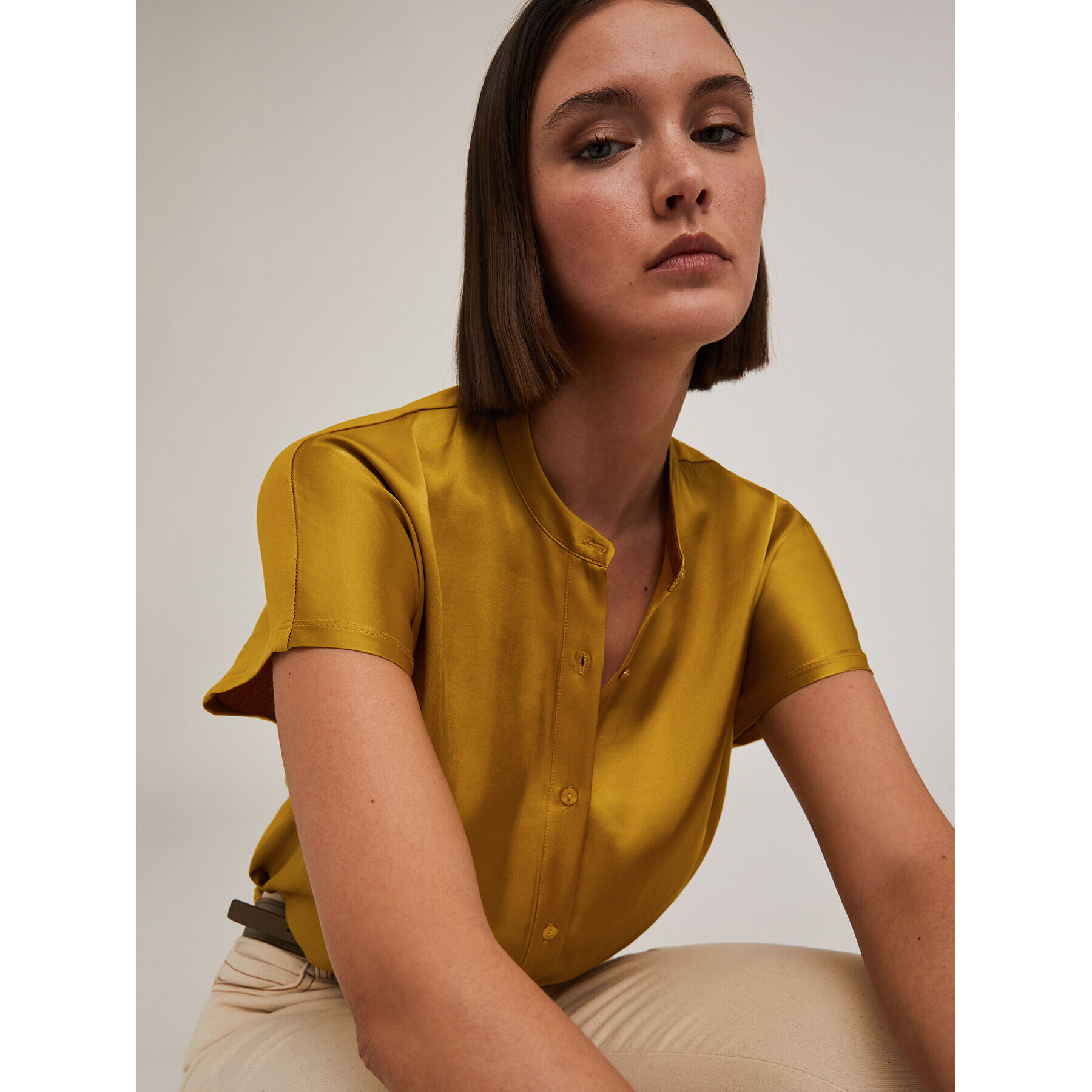 Motivi - Blusa bimaterica con colletto alla coreana - Giallo