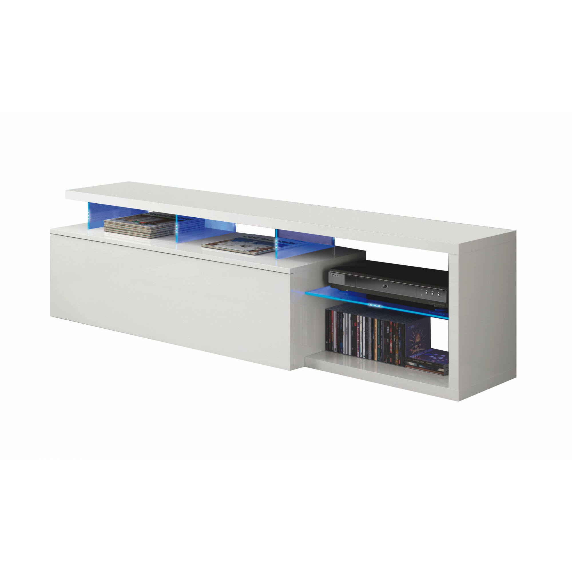 Mobile porta TV Pittsburgh, Credenza per televisione da soggiorno con 1 anta, Supporto TV con luce led, Buffet da salotto, cm 150x41h50, Bianco lucido