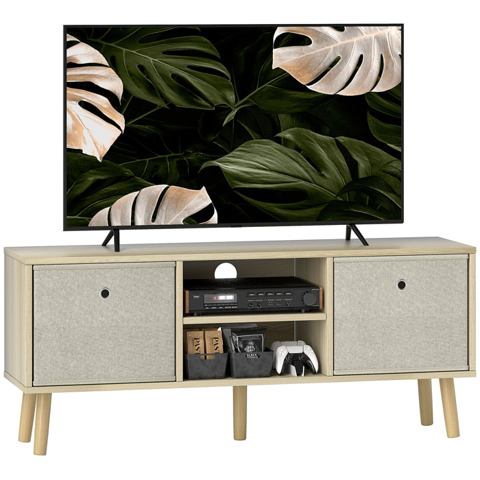 Mueble de TV, Mesa de TV con 2 Cajones de Tela, 2 Estantes Abiertos, Orificios para Cables, para Televisores hasta 50 Pulgadas, Largo de 110 cm, para Salón, Dormitorio, Madera y Beige