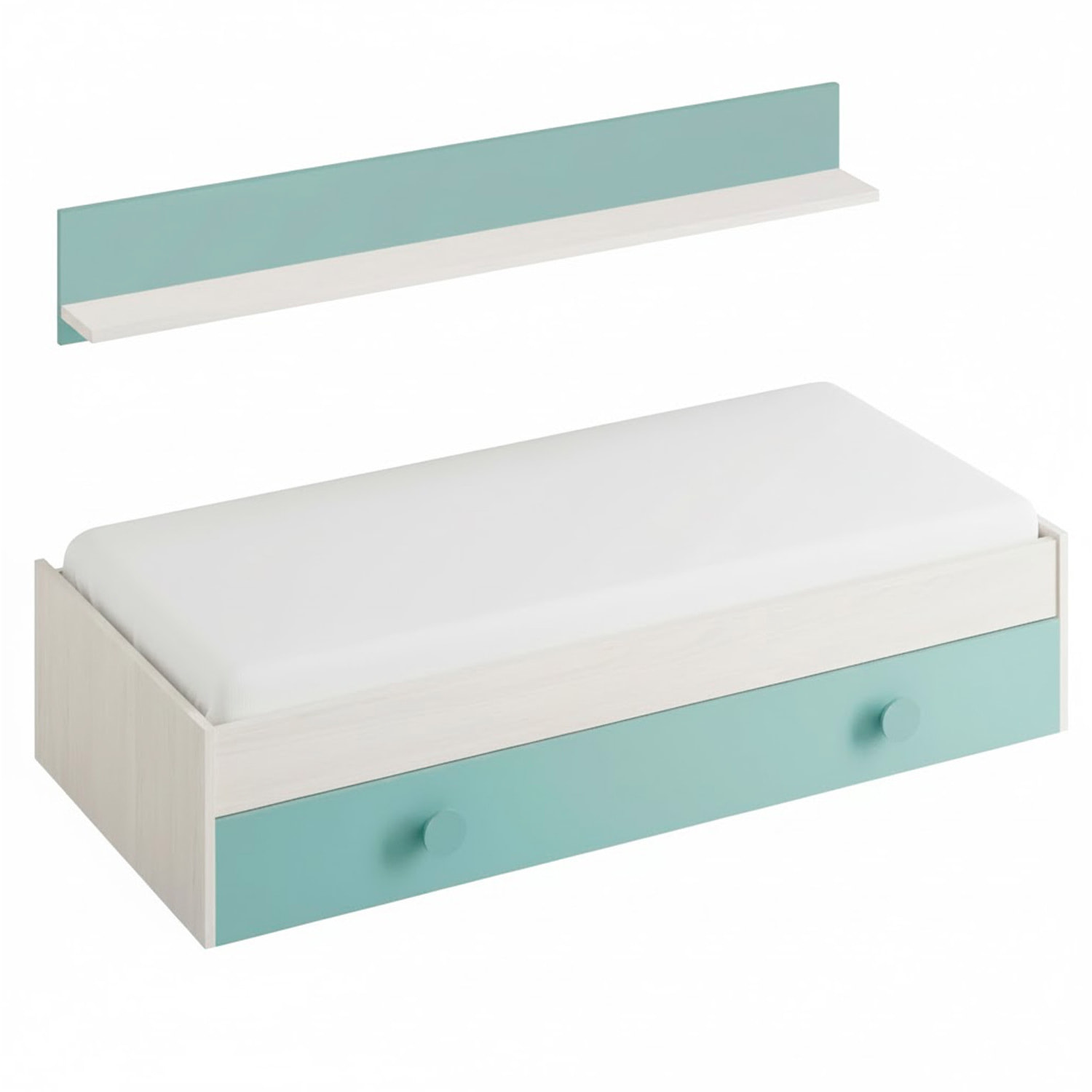 Letto Singolo A Scomparsa Per Ragazzi Con Letto Estraibile E Mensola A Muro Salvaspazio Per Cameretta Camera 201x43x98 Cm Bianco Alpi e Verde Acqua