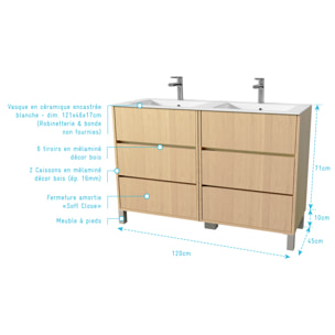 Pack Meuble Salle de Bains 120 cm Chêne Clair, 6 tiroirs avec Vasque Céramique - XENOS