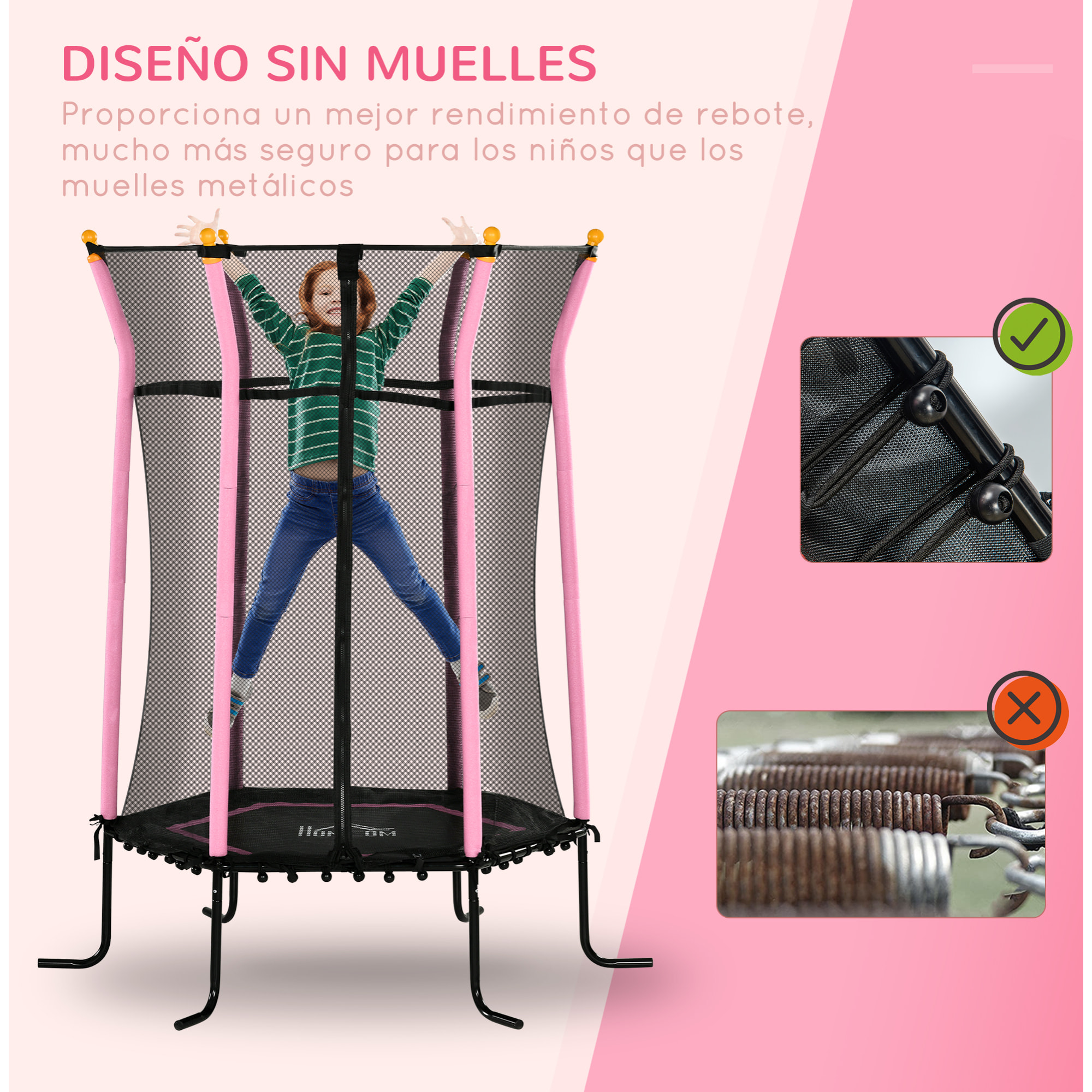Cama Elástica Infantil de Jardín Ø163,5x190 cm Trampolín para Niños de +3 Años con Red de Seguridad y Marco de Acero para Interior Exterior Carga 50 kg Negro y Rosa