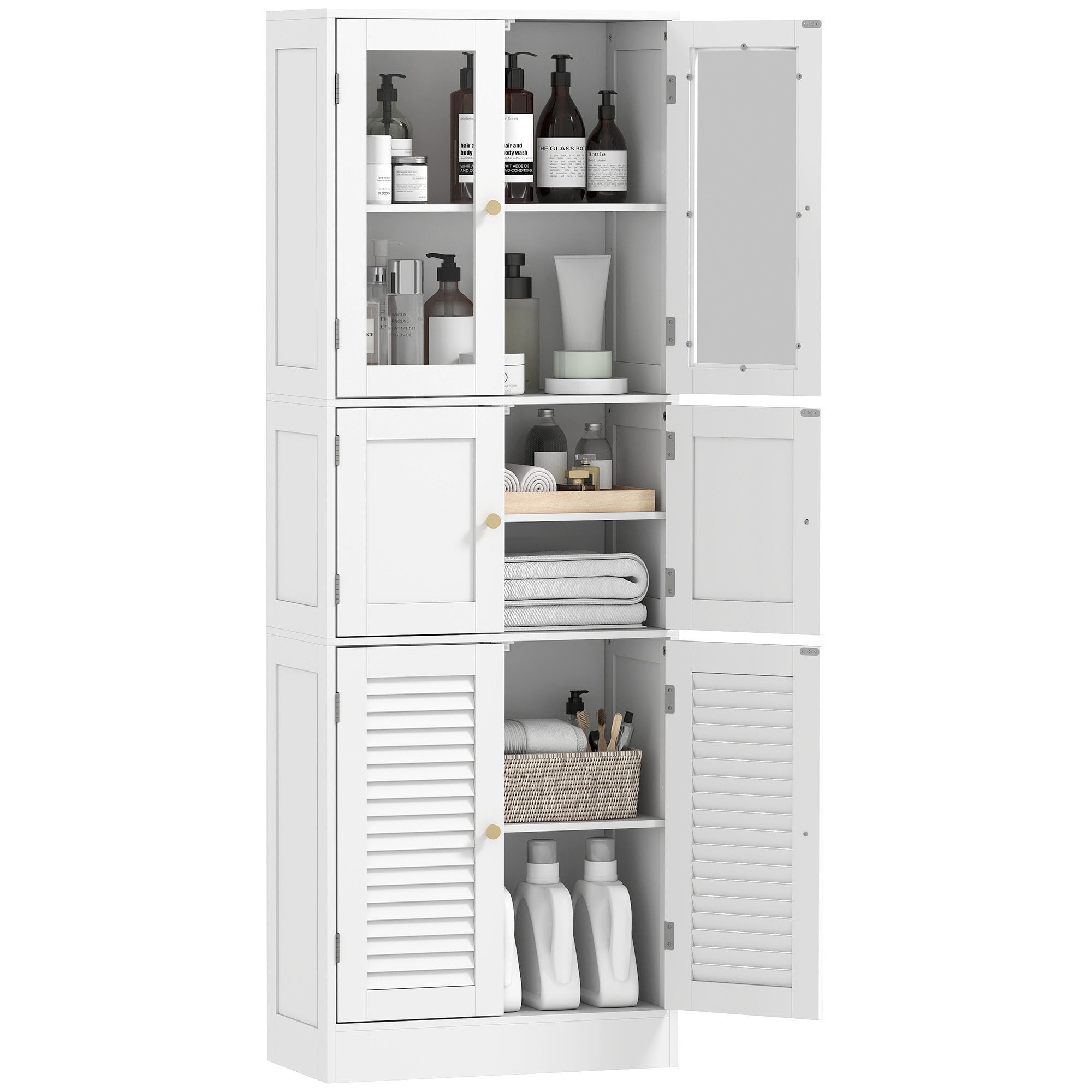 Armario de Baño Alto, Columna de Baño Estrecha con Puertas de Vidrio, Puertas de Lamas, Estantes Ajustables, 60x30x170 cm, Blanco