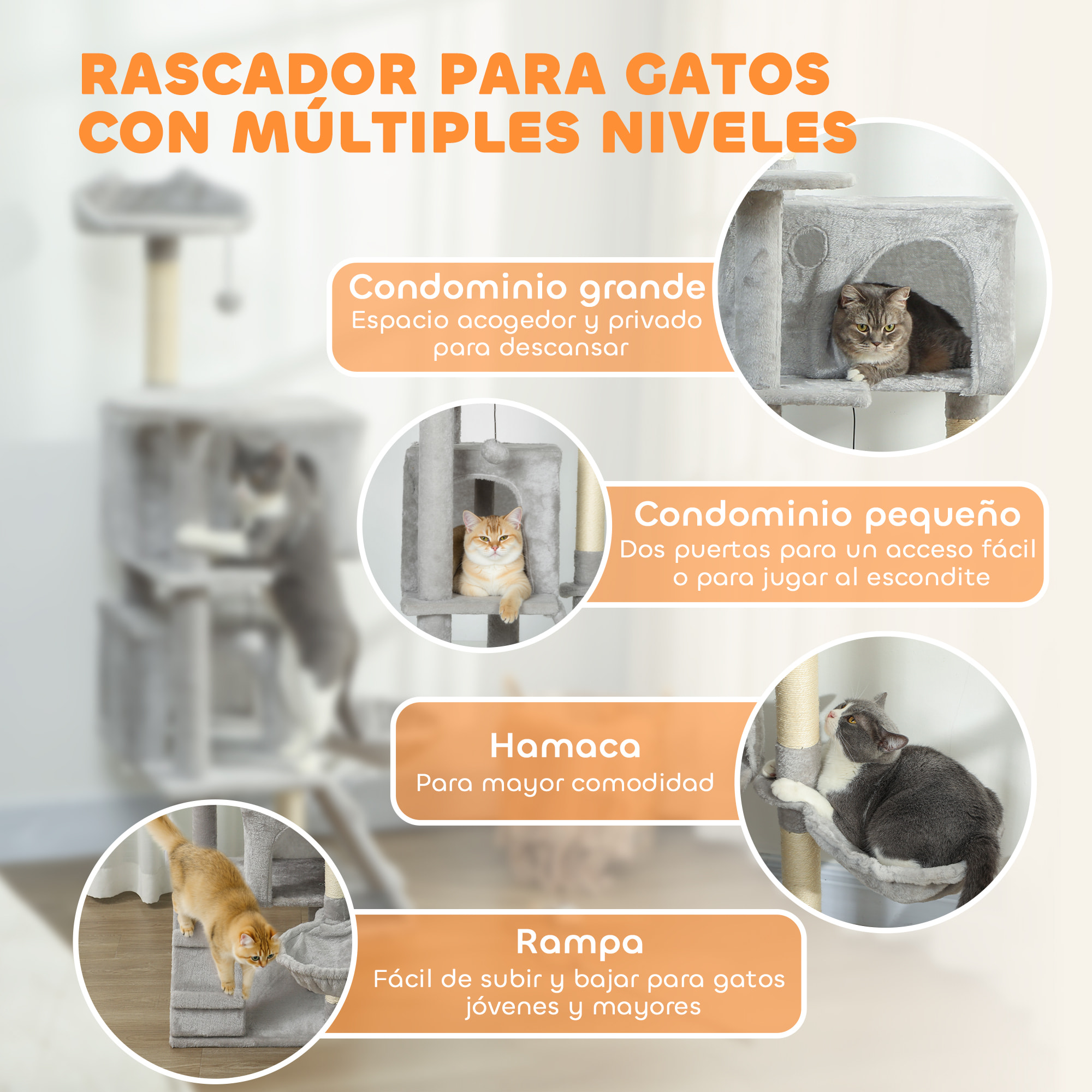 Árbol Rascador para Gatos, Árbol para Gatos 140 cm, Torre Escalador con Múltiples Plataformas, Cama, 2 Cuevas, Hamaca, Escalera, Postes de Sisal, Bolas para Jugar, Gris Claro