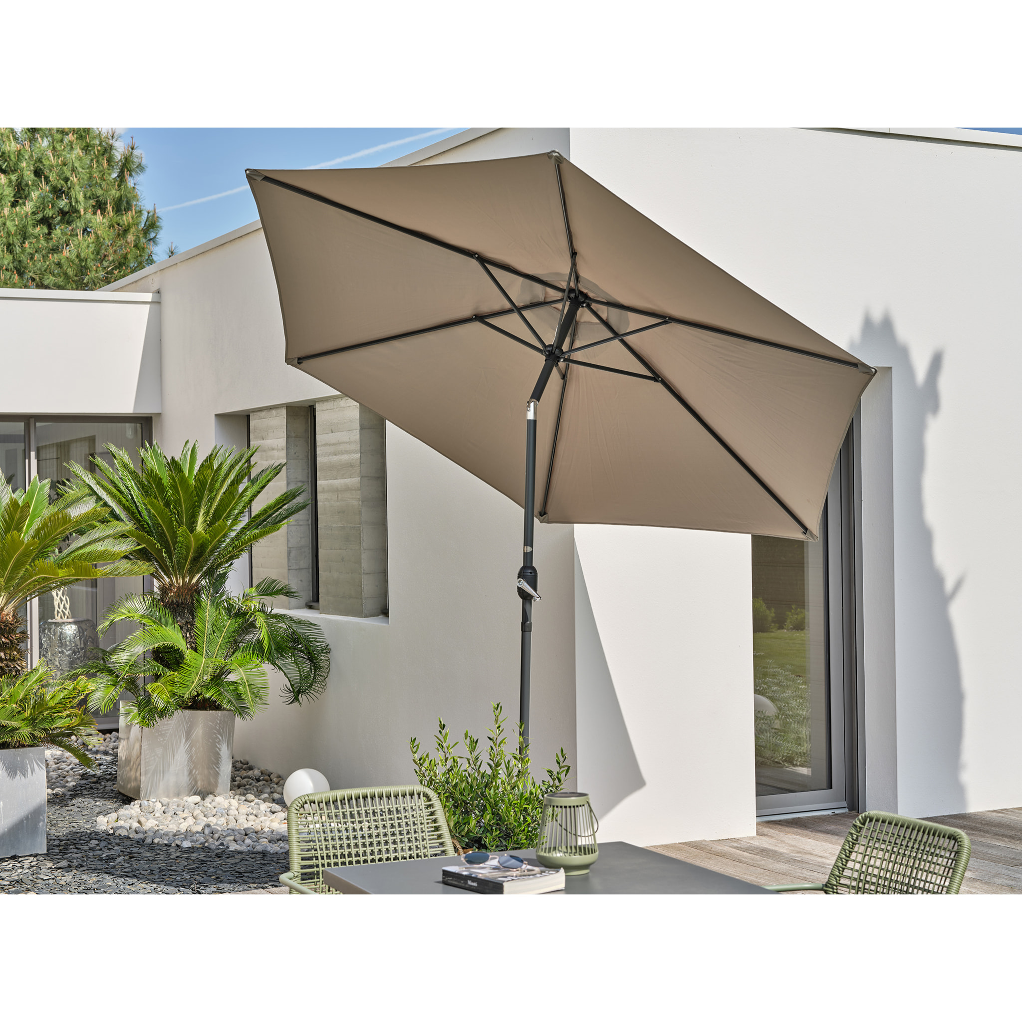 MARBELLA - Parasol à manivelle en aluminium gris anthracite et toile kaki