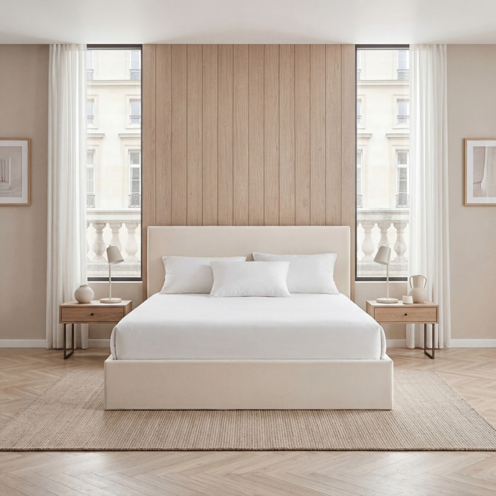 Lit Coffre Nemesis en Velours Beige, Grand espace de rangement, avec Tête de Lit, Sommier à Lattes Actives, Design et confortable