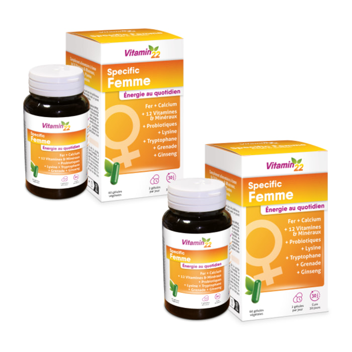 VITAMIN 22 - Specific Femme - A base de 14 vitamines et minéraux - Action fortifiante et anti-fatigue - Fabriqué en France - Cure de 60 j - Lot de 2