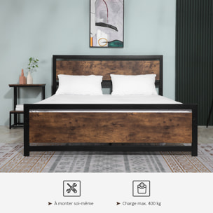 Lit double design industriel - tête de lit, pied de lit et sommier - dim. 208L x 167l x 103H cm - compatible matelas 200L x 160l cm - acier noir MDF aspect bois avec veinage