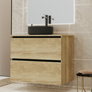 Ensemble de Salle de Bain Gloom | Meuble de Salle de Bain Suspendu | 90 cm Nature | Deux Tiroirs | Lavabo sur Plan | Meuble Monté | Alday