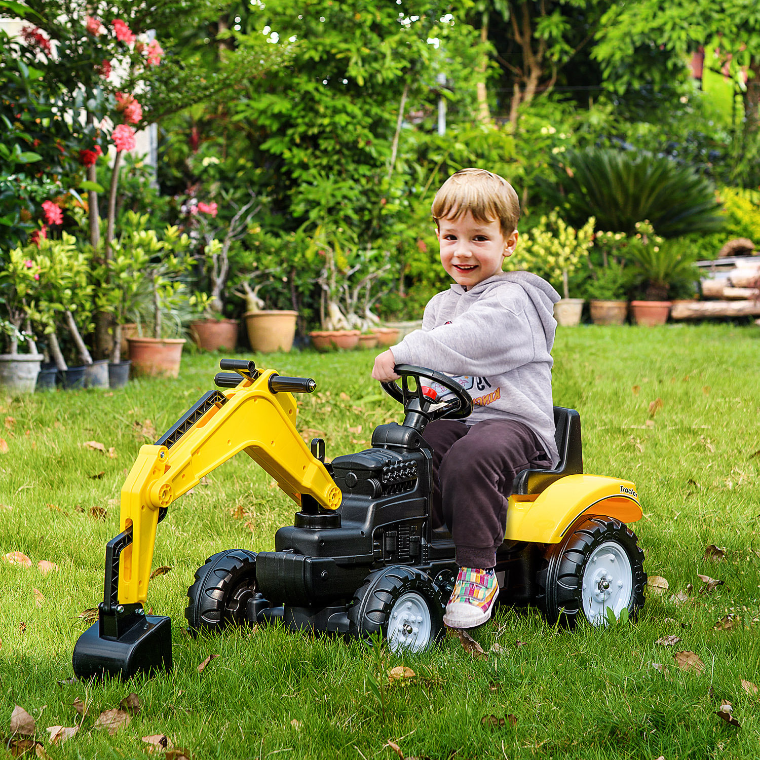 Tractor a Pedales para Niños de +3 Años Excavadora para Niños con Pala Delantera y Bocina Carga 35kg Tractor Infantil para Exterior 107x42x71 cm Amarillo