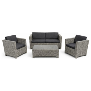 PALMANOVA Salon de jardin 4 places en résine tressée gris et noir