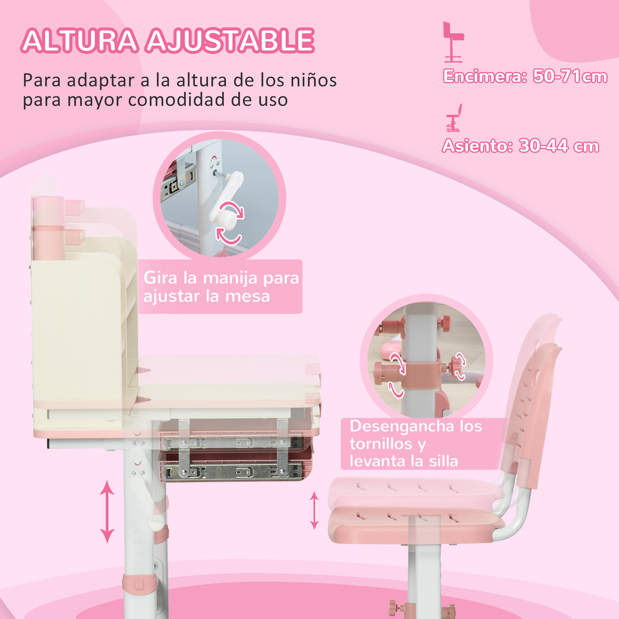 Juego de Escritorio y Silla para Niños de +3 Años con Altura Ajustable Pupitre Infantil con Tablero de Mesa Inclinable Cajón y Estantería para libros 80x52x88-109 cm y 35,5x44,5x66-80 cm Rosa