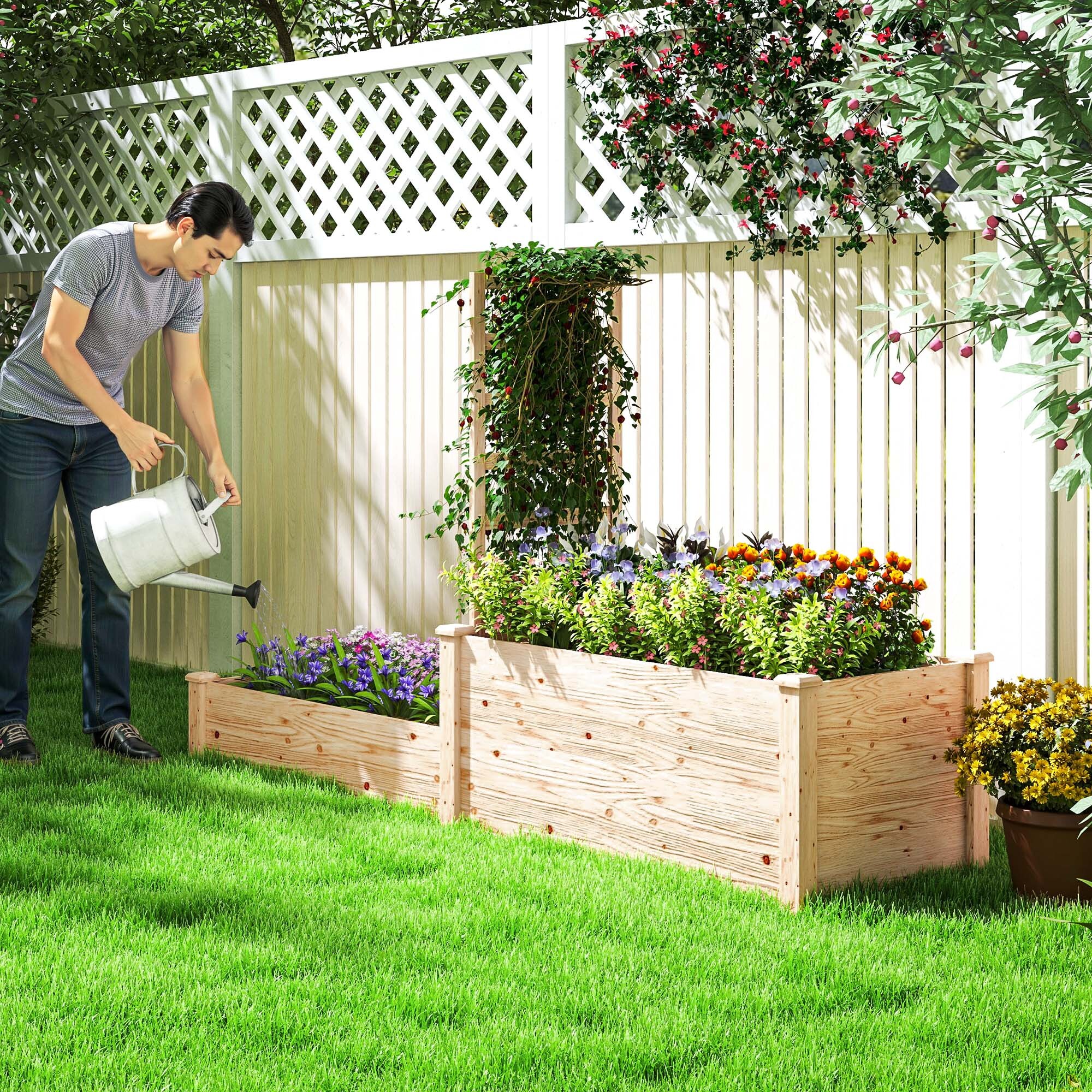 Jardinera Exterior Grande de Madera Jardinera Elevada con Celosía para Plantas Trepadoras y 2 Cajas de Cultivo para Jardín Patio Terraza 222x63x132 cm Natural