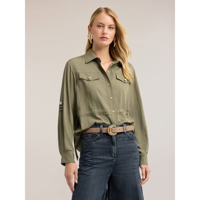 Motivi - Camicia con coulisse in twill di viscosa - Verde militare