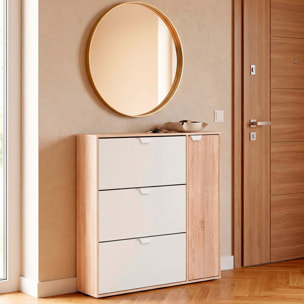 Multiuso 3 Ribalte Con Anta Laterale A 5 Ripiani Regolabili Salvaspazio Per Ingresso Fino A 30 Paia Di Scarpe 112 x 105 x 24 Cm Rovere E Bianco